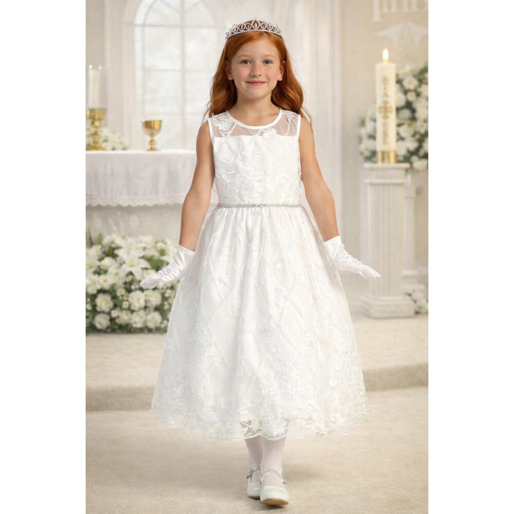 NEW Girls First Holy Communion Dress Size 6 Embroidered Tulle Sequins Tea-Length